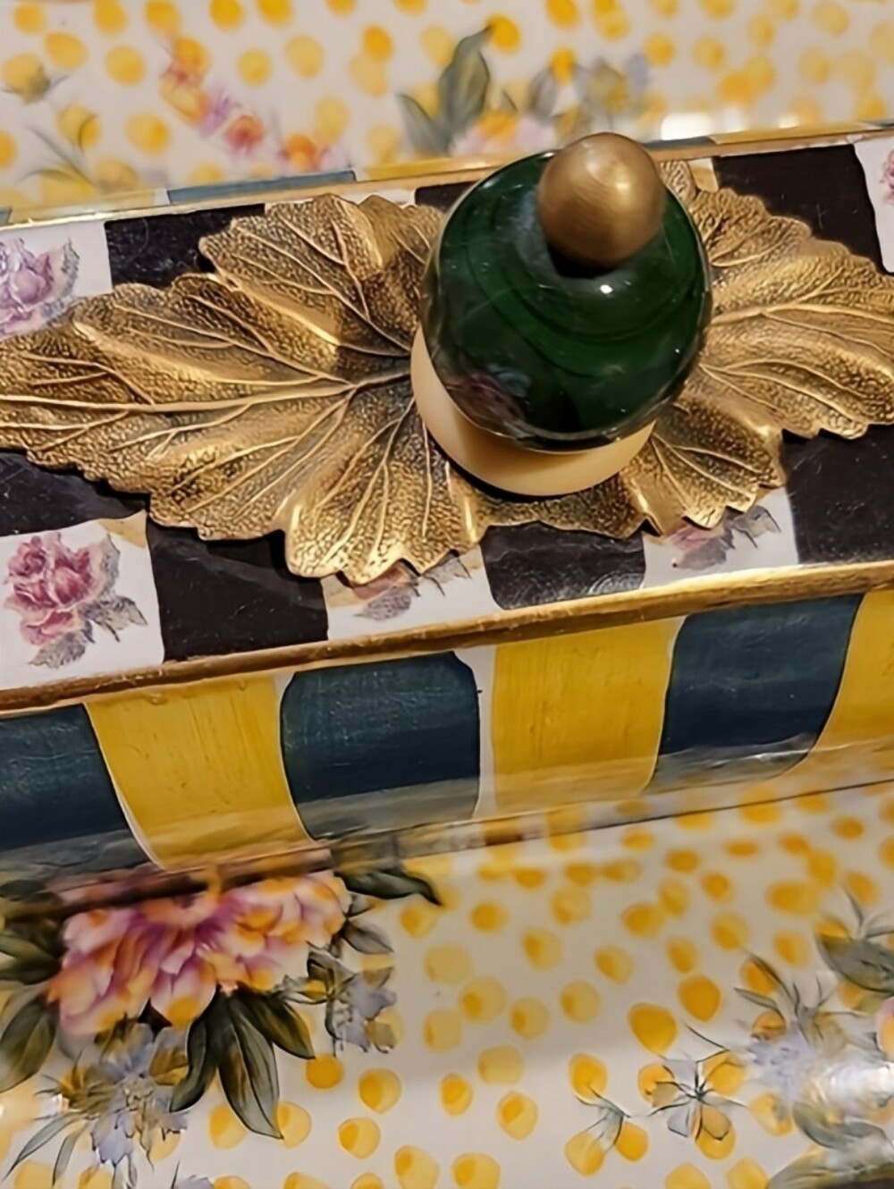 Vtg MacKenzie Childs Butter Dish wTray Hand Painted Floral Check Stripe Gold